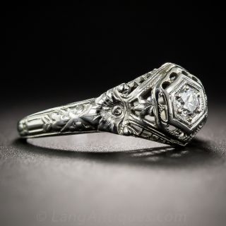 18K White Gold Art Deco Filigree Engagement Ring