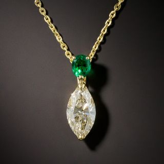 18K Yellow Gold 1.00ct Marquise Diamond with 0.20ct Emerald Pendant on Chain - 1