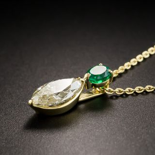 18K Yellow Gold 1.00ct Marquise Diamond with 0.20ct Emerald Pendant on Chain