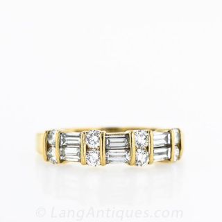 18K Yellow Gold Baguette and Round Diamond Band