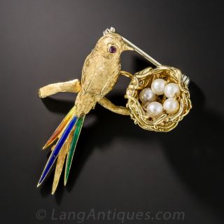 18K Yellow Gold Mommy Bird Brooch - 2