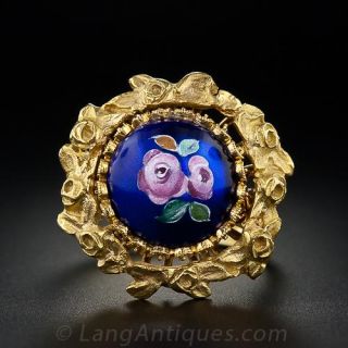 18KYG blue domed enamel ring with floral motif