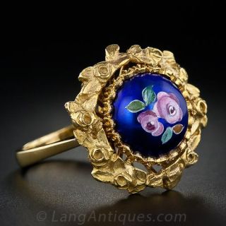18KYG blue domed enamel ring with floral motif