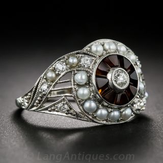 1920s Carnelian, Pearl and Diamond Ring