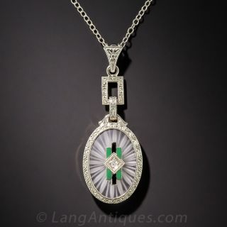 1930s Carved Rock Quartz, Enamel and Diamond Necklace