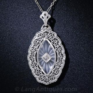 1930s Frosted Crystal and Diamond Pendant Necklace