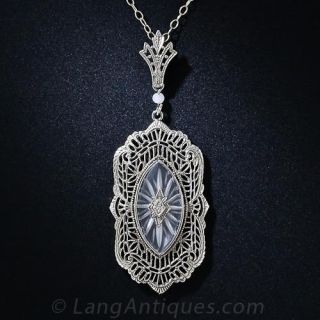 1930s Frosted Crystal and Diamond Pendant Necklace