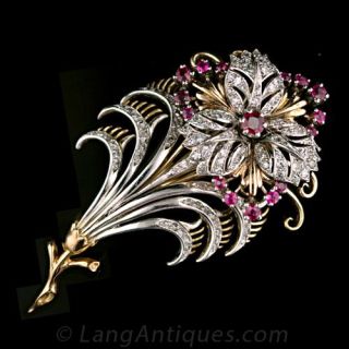 1940s Diamond and Ruby Floral Motif Pin Main View