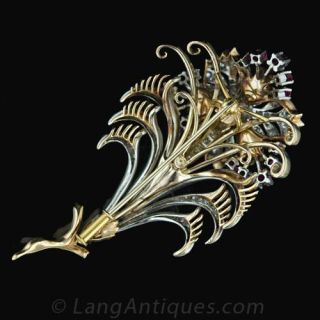 1940s Diamond and Ruby Floral Motif Pin