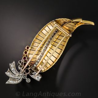 1940s French Leaf Pin with Diamonds and Rubies