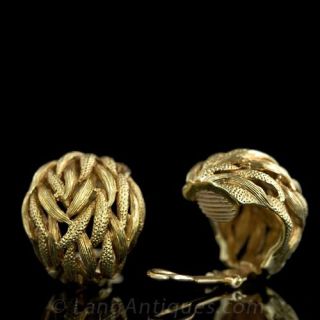 1950's Textural Leaf-Motif Domed Earrings