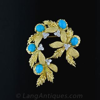 1950 s Turquoise and Diamond Brooch Main View