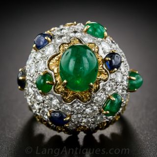 1960s Bombe Ring with Diamonds Sapphires and Emeralds