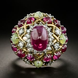 1960s Cabochon Burmese Ruby, Diamond and Cat's-Eye Chrysoberyl Ring - 3
