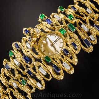 1960s Emerald, Diamond and Sapphire Free-form Watch Bracelet