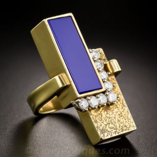 1960s Lapis and Diamond Moderne Ring
