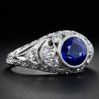2.00 Carat Sapphire, Diamond and Platinum Antique Style Ring