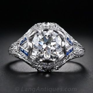 2.01 Carat G VS2 Diamond and Sapphire Art Deco Engagement Ring