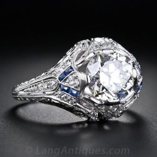 2.01 Carat G VS2 Diamond and Sapphire Art Deco Engagement Ring