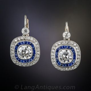 2.10 Carat Diamond and Sapphire Art Deco Style Earrings
