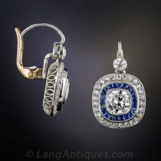 2.10 Carat Diamond and Sapphire Art Deco Style Earrings