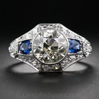 2.25 Carat Faint-Yellow Diamond and Sapphire Art Deco Engagement Ring