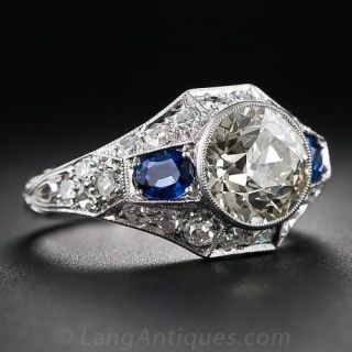 2.25 Carat Faint-Yellow Diamond and Sapphire Art Deco Engagement Ring