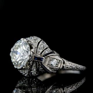 2.30 ct. Diamond Art Deco Engagement Ring with Calibre Sapphires