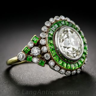 2.33 Carat European-Cut Diamond Ring with Demantoid Garnets