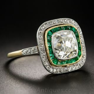 2.35 Carat Antique Cushion Cut Diamond and Emerald Ring by Black Starr & Frost 