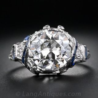2.37 Carat Antique Platinum, Diamond and Calibre Sapphire Engagement Ring