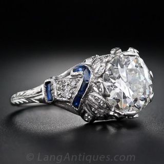 2.37 Carat Antique Platinum, Diamond and Calibre Sapphire Engagement Ring