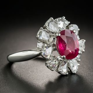 2.41 Carat Burma Ruby  Rose-Cut Diamond Platinum Halo Ring - GIA