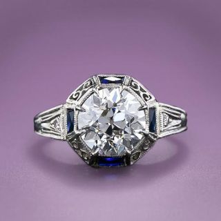 2.51 Carat Art Deco Diamond Engagement Ring with Sapphire Accents
