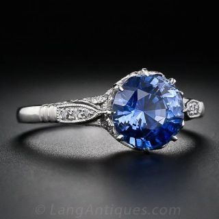 2.56 Carat Antique Style Sapphire, Platinum and Diamond Ring