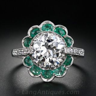 2.56 Carat Vintage  Diamond Ring with Emeralds