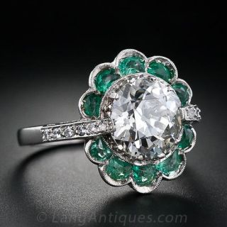 2.56 Carat Vintage  Diamond Ring with Emeralds
