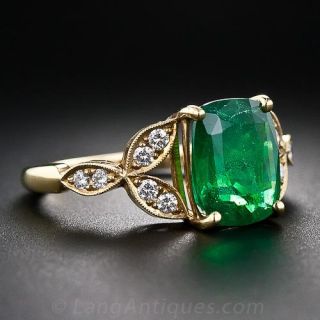 2.73 Carat Cushion Cut Emerald and Diamond Ring