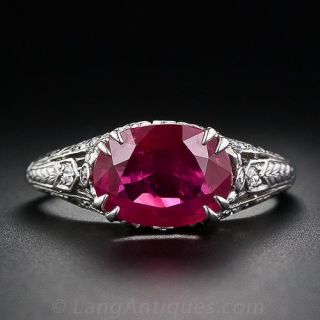 2.74 Carat Natural 'No Heat" Burma Ruby and Diamond Antique Ring