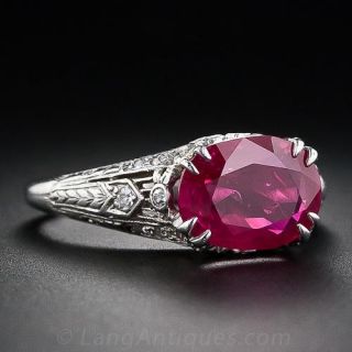 2.74 Carat Natural 'No Heat" Burma Ruby and Diamond Antique Ring