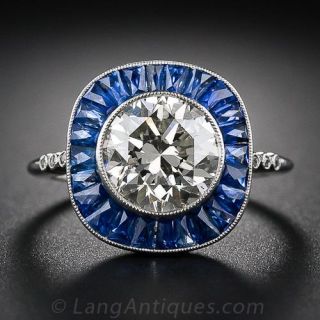 2.86 Art Deco Style Diamond and Calibre Sapphire Ring