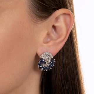 Art Deco Cabochon Sapphire and Diamond Earrings