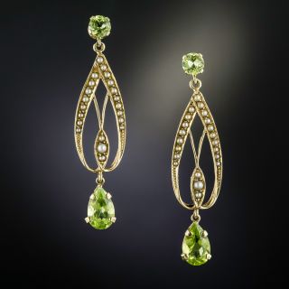 Art Nouveau Peridot and Seed Pearl Drop Earrings - 1