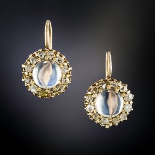 Edwardian Moonstone and Rose-Cut Diamond Halo Earrings - 1