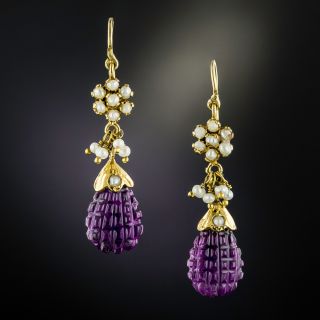 Victorian Carved Amethyst and Seed Pearl Dangle Earrings - 1