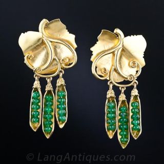20 Karat Yellow Gold and Emerald Bead Pea Pod Earrings