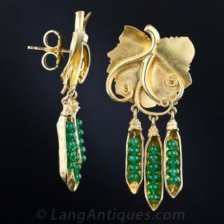 20 Karat Yellow Gold and Emerald Bead Pea Pod Earrings
