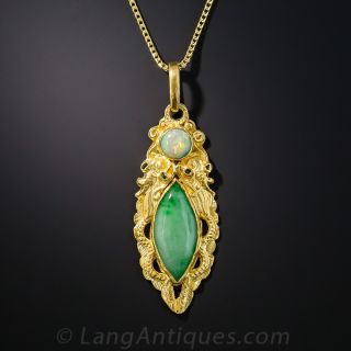 22K Chinese Dragon Pendant with Natural Jadeite and Opal 