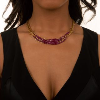 24K Ruby Bead Spaghetti Necklace and Bracelet by ARA 