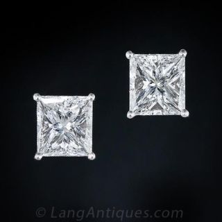3.02 Carat Princess-Cut Diamond Stud Earrings
